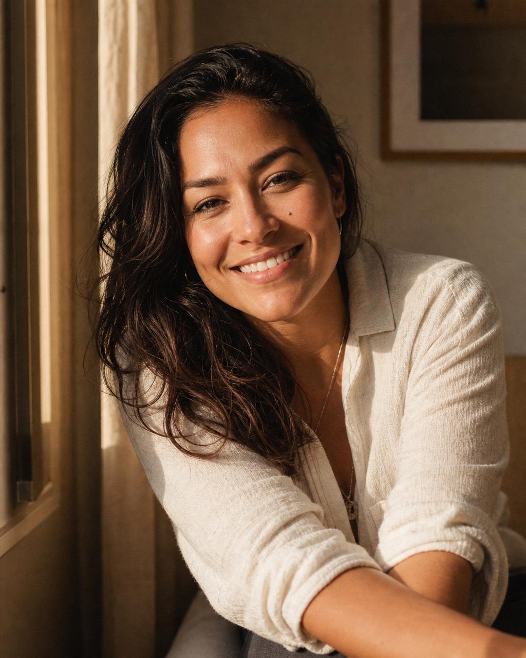 A confident mixed-ethnicity woman in her mid-30s with a warm, natural expression